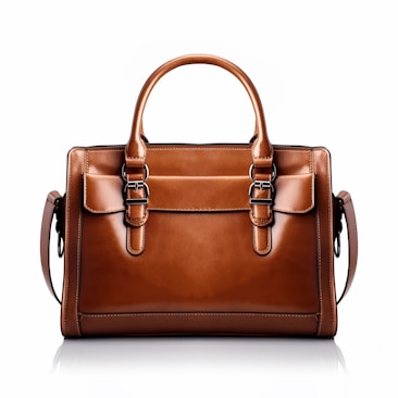 A brown leather handbag with a structured rectangular shape is prominently displayed. It features two handles and buckle accents on the front, highlighting a classic and elegant design. The stitching is visible along the edges, adding to the refined appearance.