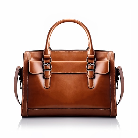A brown leather handbag with a structured rectangular shape is prominently displayed. It features two handles and buckle accents on the front, highlighting a classic and elegant design. The stitching is visible along the edges, adding to the refined appearance.