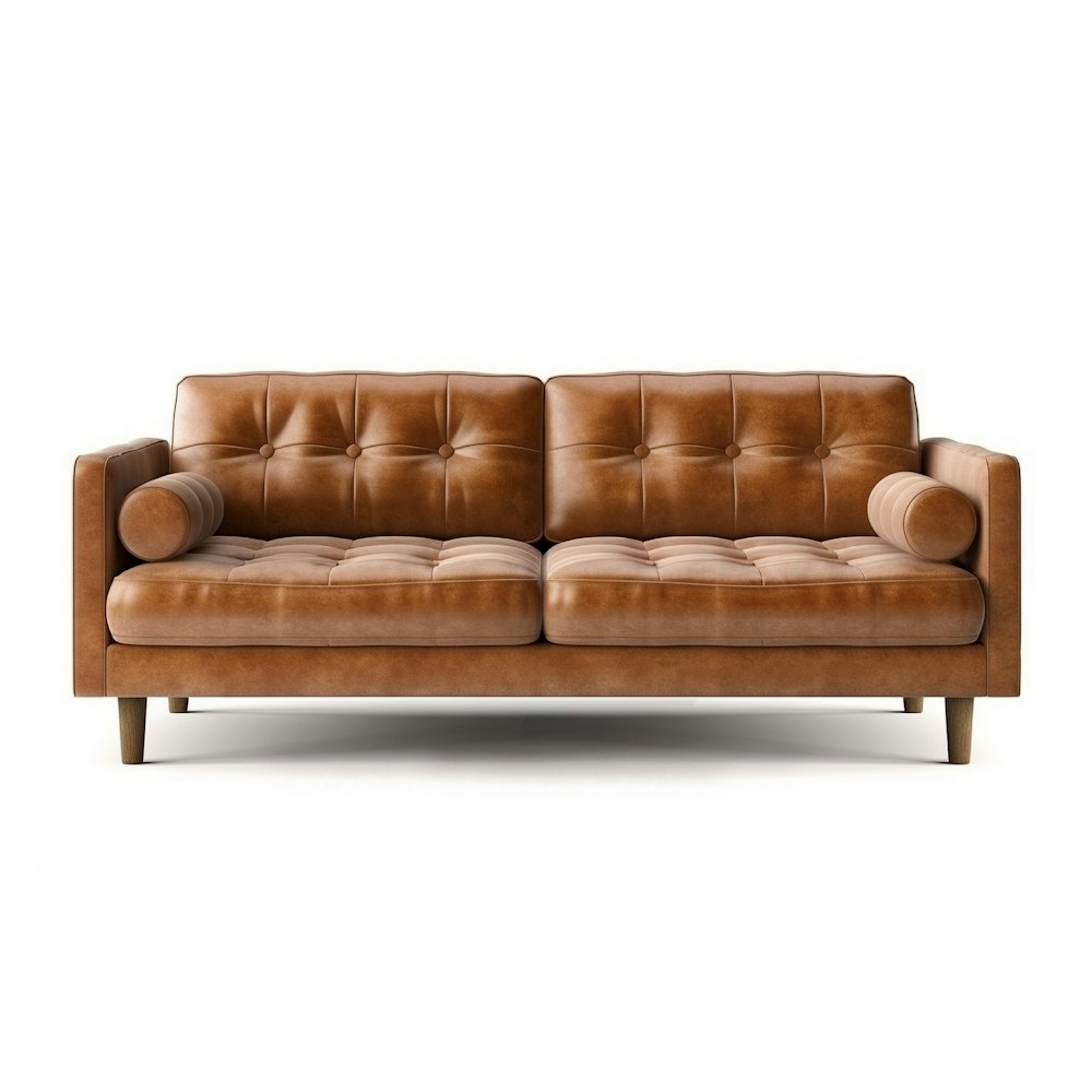 a brown leather couch sitting on top of a white floor