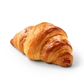 A freshly baked croissant with a golden, flaky crust is displayed against a clean, white background. The layers of the pastry are clearly visible, showcasing its crisp texture and buttery richness.