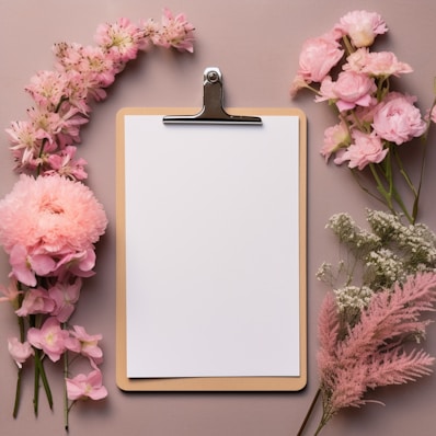 a clipboard with a blank sheet of paper next to pink flowers