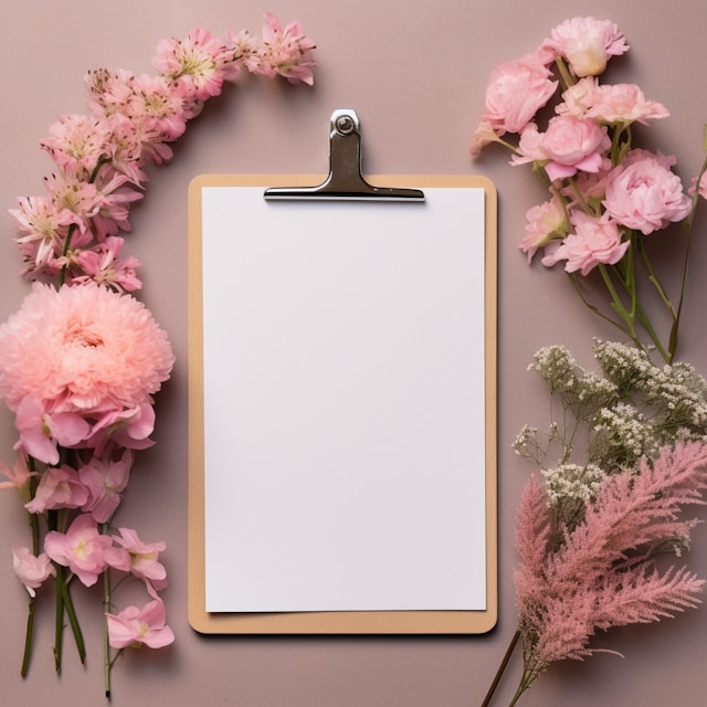 a clipboard with a blank sheet of paper next to pink flowers