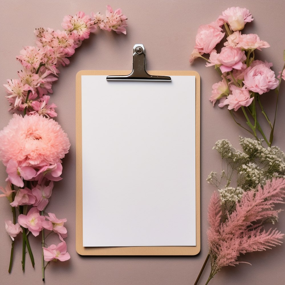 a clipboard with a blank sheet of paper next to pink flowers