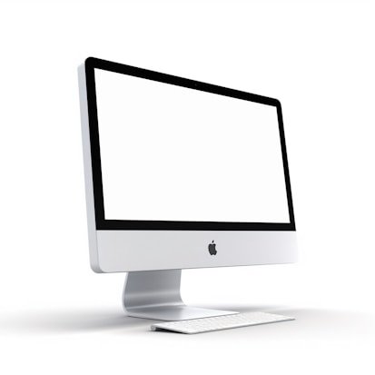 A sleek, modern desktop computer with a large screen and a minimalist design, accompanied by a keyboard. The brand logo is prominently displayed on the front.
