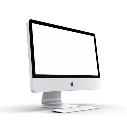 A sleek, modern desktop computer with a large screen and a minimalist design, accompanied by a keyboard. The brand logo is prominently displayed on the front.