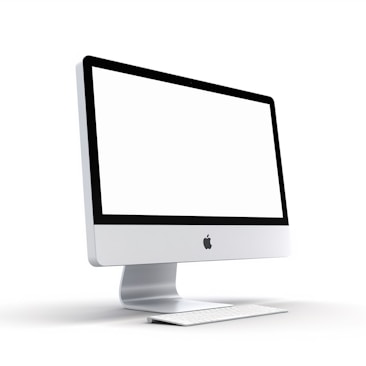 A sleek, modern desktop computer with a large screen and a minimalist design, accompanied by a keyboard. The brand logo is prominently displayed on the front.