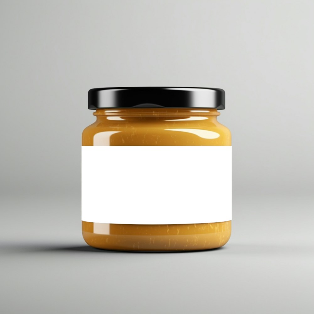 a jar of peanut butter with a white label