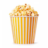 A container filled with fluffy yellow popcorn, featuring a striped yellow and white design on the cup. The popcorn appears freshly popped and slightly buttery.