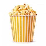 A container filled with fluffy yellow popcorn, featuring a striped yellow and white design on the cup. The popcorn appears freshly popped and slightly buttery.