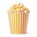 A container filled with fluffy yellow popcorn, featuring a striped yellow and white design on the cup. The popcorn appears freshly popped and slightly buttery.