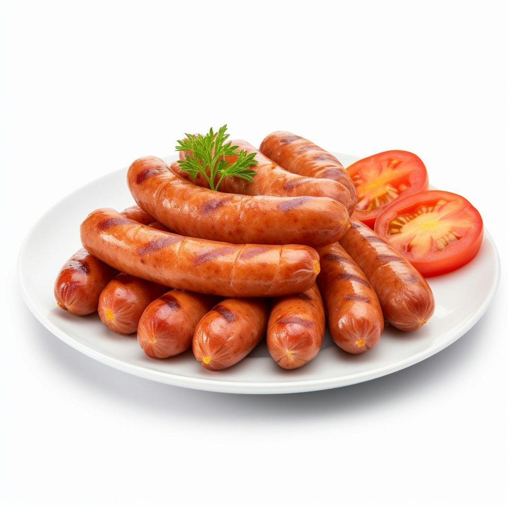 a plate of sausages and tomatoes on a white background