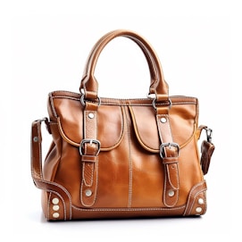 a brown leather handbag on a white background