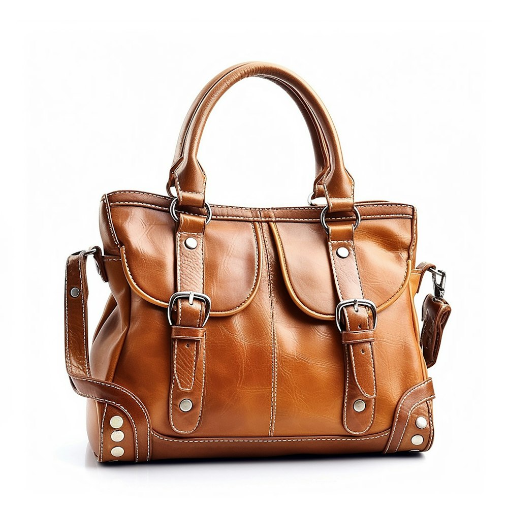 a brown leather handbag on a white background