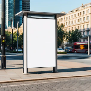 a bus stop with a white sign on the side of it