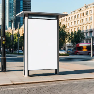 a bus stop with a white sign on the side of it