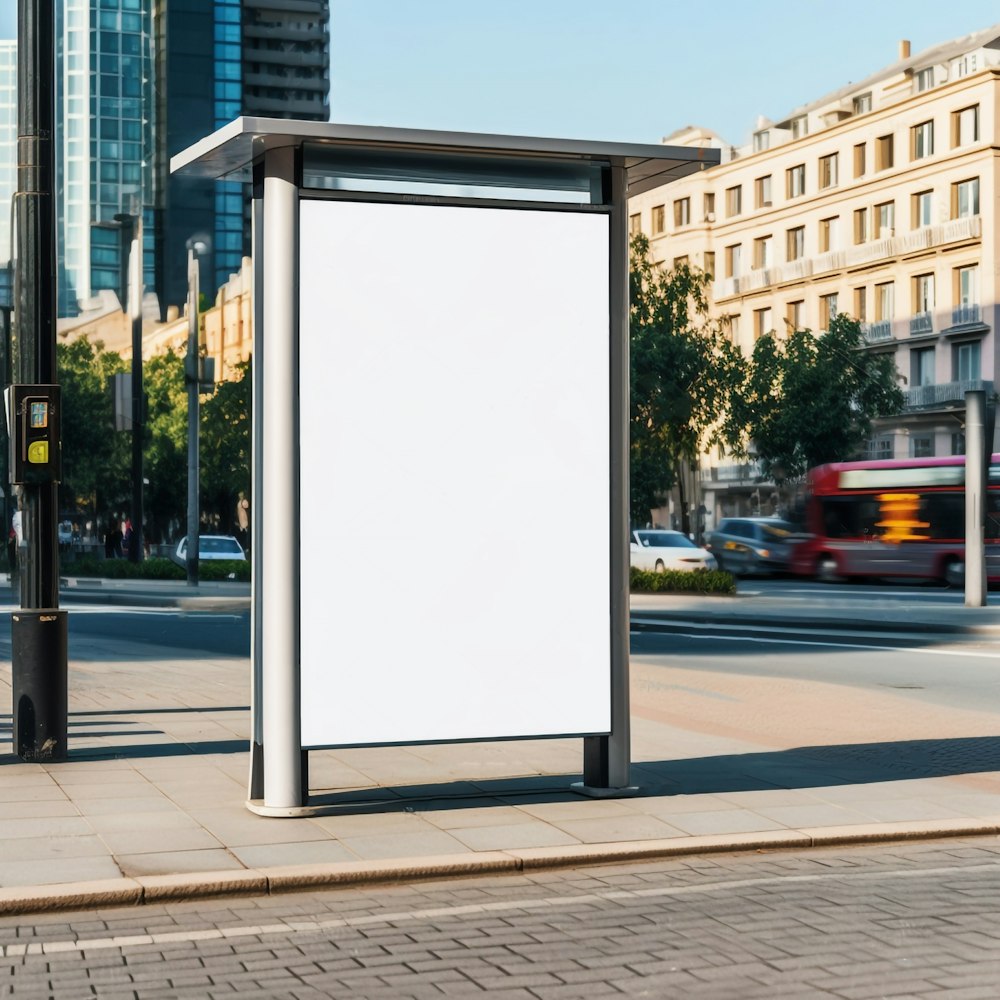 a bus stop with a white sign on the side of it