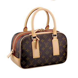 A luxury handbag with a dark brown leather body adorned with a distinctive monogram pattern in a lighter shade. The bag features beige leather handles and trim with yellow stitching, and gold metal hardware including buckles and zippers.