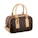A luxury handbag with a dark brown leather body adorned with a distinctive monogram pattern in a lighter shade. The bag features beige leather handles and trim with yellow stitching, and gold metal hardware including buckles and zippers.