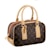 A luxury handbag with a dark brown leather body adorned with a distinctive monogram pattern in a lighter shade. The bag features beige leather handles and trim with yellow stitching, and gold metal hardware including buckles and zippers.