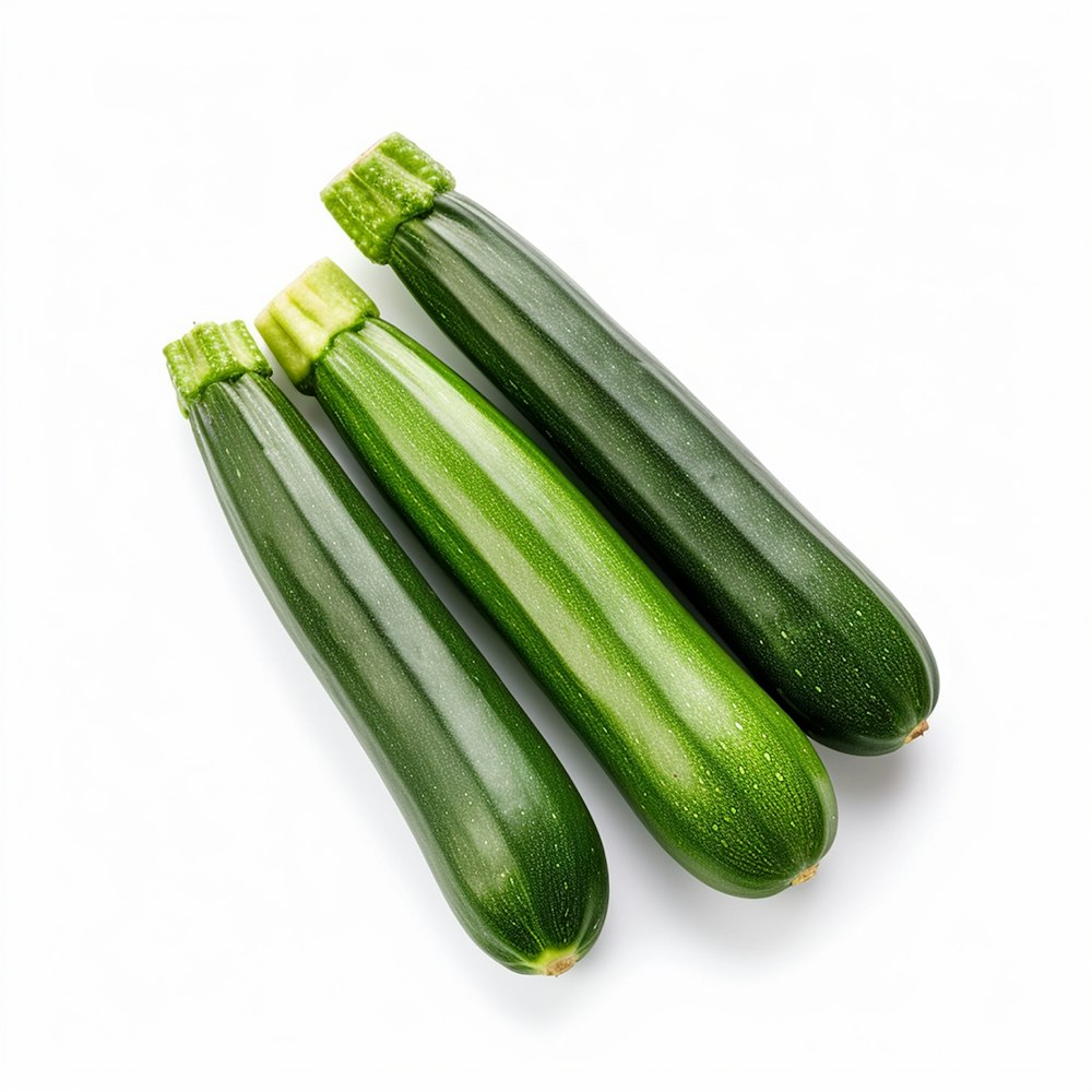 three green cucumbers on a white background