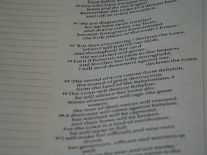 A page from a book featuring text aligned to the right. The passage mentions Babylon, its punishment, and destruction. The text is formatted in a structured layout typical of religious or historical texts.