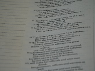 A page from a book featuring text aligned to the right. The passage mentions Babylon, its punishment, and destruction. The text is formatted in a structured layout typical of religious or historical texts.