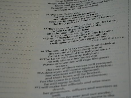 A page from a book featuring text aligned to the right. The passage mentions Babylon, its punishment, and destruction. The text is formatted in a structured layout typical of religious or historical texts.
