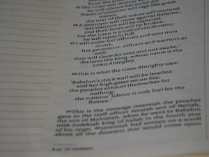 A close-up image of a page from a book, featuring religious or biblical text. The page contains specifically numbered sections and is printed in two columns. The text appears focused on religious prophecy and warnings.