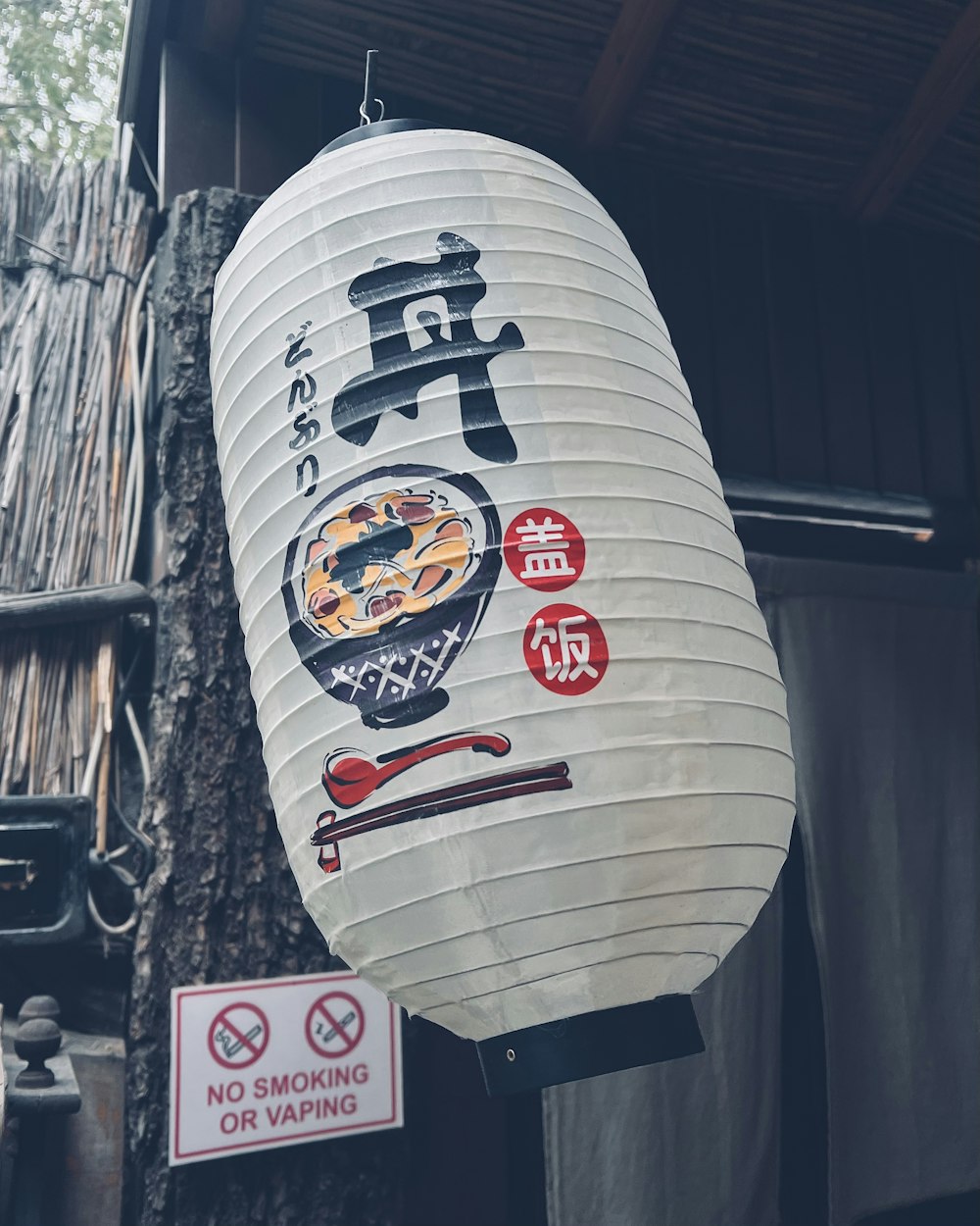 a paper lantern hanging from a tree in front of a building