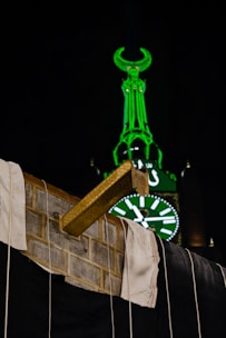 A panoramic view from a hotel balcony overlooking the illuminated Kaaba at night.