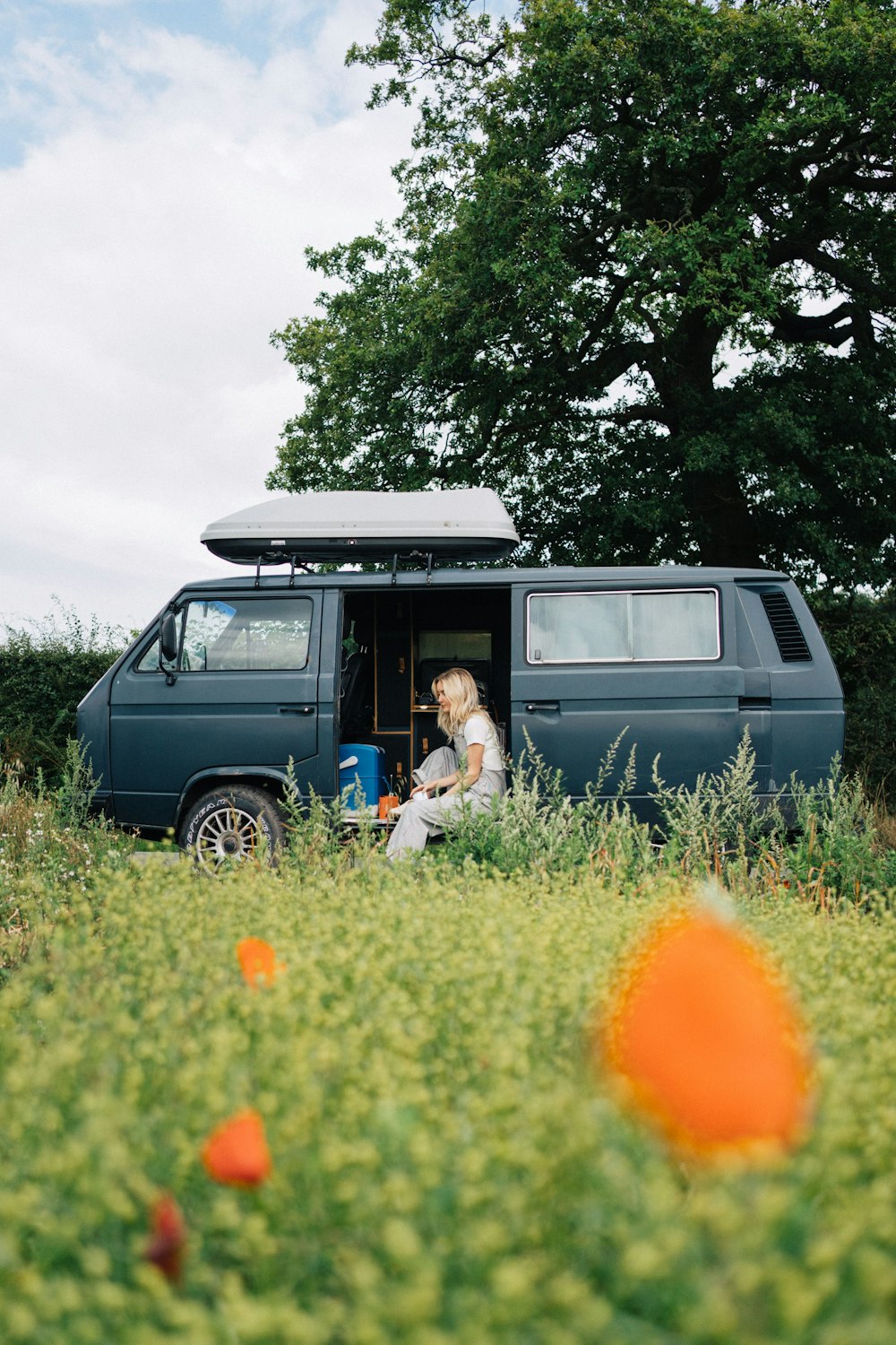 a woman sitting in a van in a field of flowers