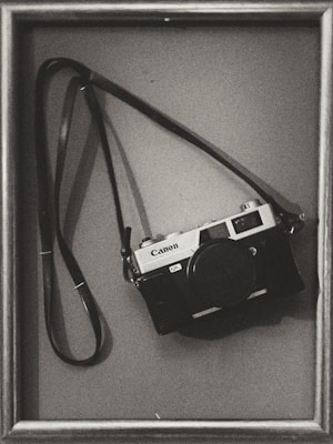 A vintage Canon QL camera with a strap is hanging inside a picture frame. The image is black and white, giving it a nostalgic, classic feel. The camera is centered, facing forward with noticeable details such as the lens, body, and strap.