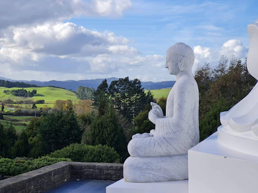 A serene portrait of the founder meditating outdoors surrounded by nature.