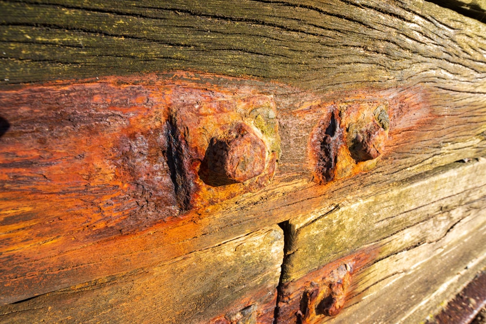 a close up of a wooden bench with rust on it