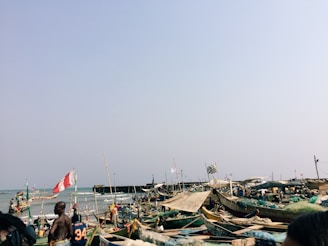 A coastal scene with numerous wooden boats lined up along the shore, many of which are adorned with flags. People are gathered around the boats, and some are looking out to the sea. The sea and sky take up a significant portion of the background, suggesting a sunny day.