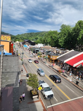 A bustling street scene in a small town with shops lining both sides of the road. Cars drive down the street and pedestrians walk on the sidewalks. Green trees and a cloudy sky serve as the backdrop. There are colorful storefronts and various people engaged in different activities.