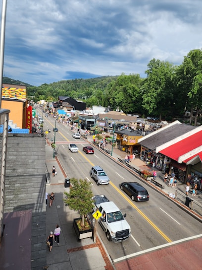 A vibrant small-town main street bustling with local shops and smiling entrepreneurs.