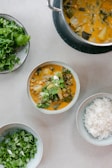 A flat lay of a meal setting with a bowl of orange, vegetable-filled stew garnished with fresh herbs in the center. Surrounding the bowl are plates of chopped greens, a bowl of steamed white rice, another plate of leafy greens, and a cooking pot filled with more of the same orange stew. The background is a light-colored surface.