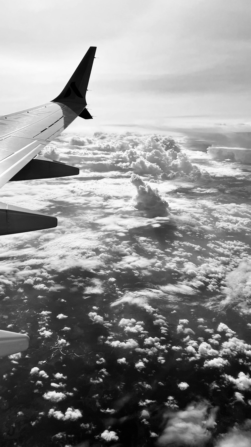 a black and white photo of the wing of an airplane