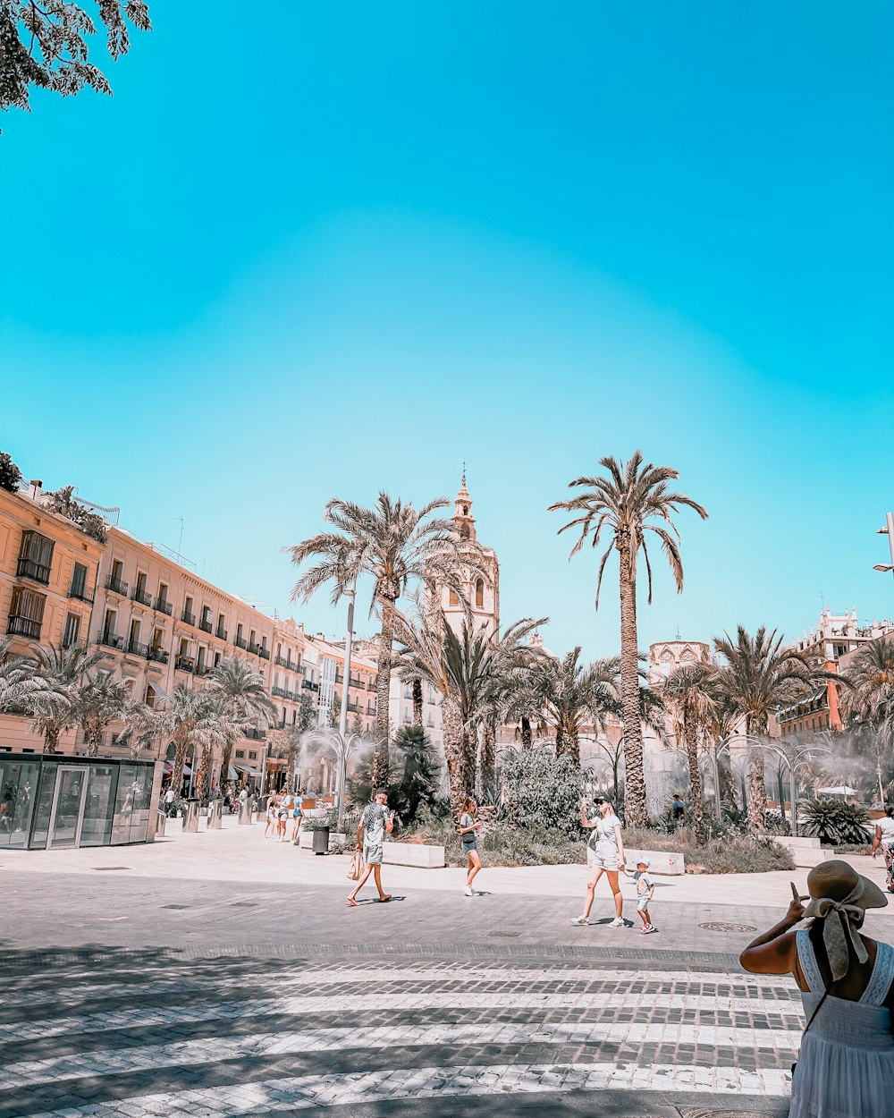 a group of people walking down a street next to palm trees