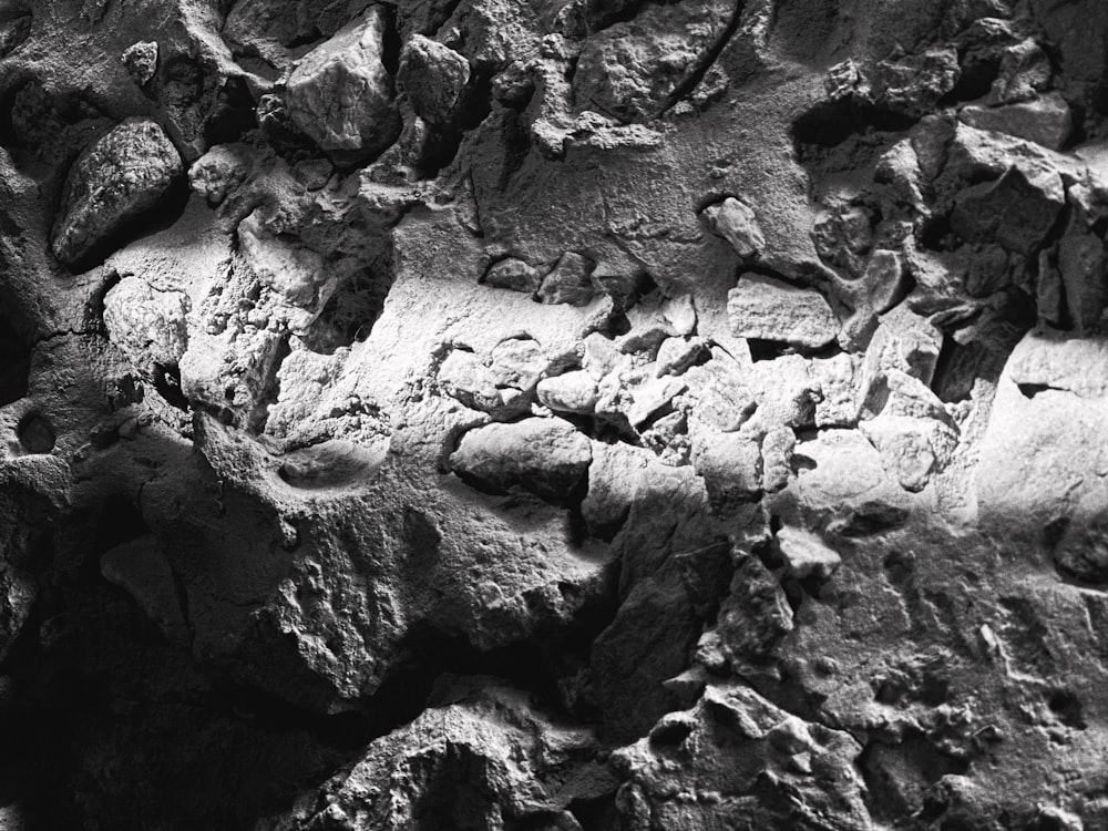 a black and white photo of a rock face