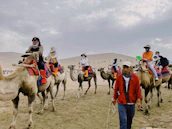 Close-up of a tour guide sharing stories with a small group in the desert.