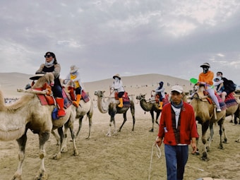 A group of people riding camels led by a guide in a desert landscape. The sky is overcast with clouds. The riders are wearing varied attire, some including scarves, hats, and sunglasses for protection against the sun and sand. The camels are fitted with colorful saddles and blankets.