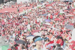 A sea of red and green flags waving in the stadium stands.