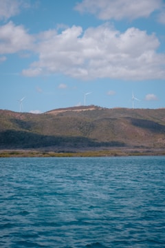 A scenic view of solar panels and wind turbines in harmony.