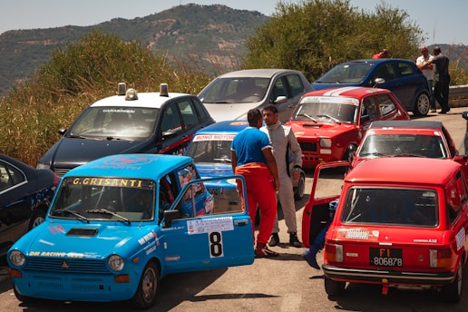 A collection of small, colorful racing cars is parked on a scenic road with mountains in the background. People, including drivers in racing suits, are gathered around the cars, engaging in conversation. One car displays a police insignia on its roof, suggesting it might be an official vehicle. The environment appears casual and relaxed, indicating a possible break or gathering during a racing event.