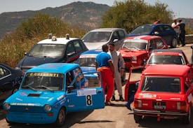 A collection of small, colorful racing cars is parked on a scenic road with mountains in the background. People, including drivers in racing suits, are gathered around the cars, engaging in conversation. One car displays a police insignia on its roof, suggesting it might be an official vehicle. The environment appears casual and relaxed, indicating a possible break or gathering during a racing event.