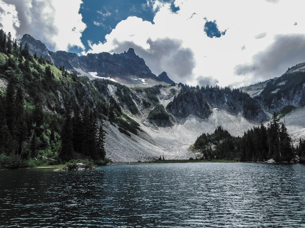 a lake surrounded by trees and mountains under a cloudy sky