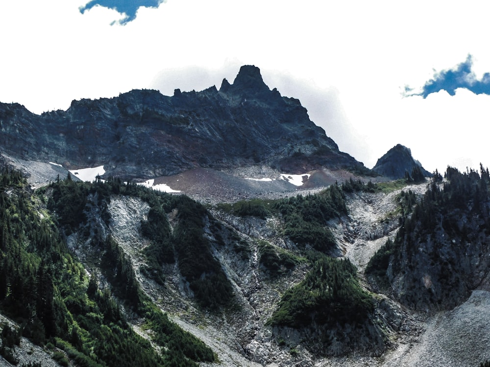 a view of a mountain range with trees on the side