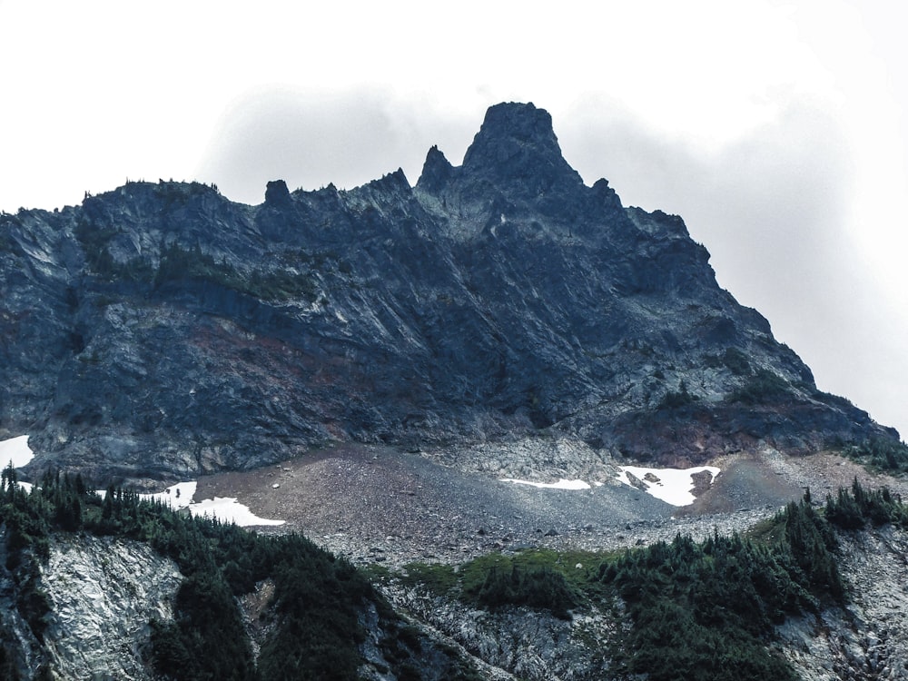 a very tall mountain covered in snow and trees